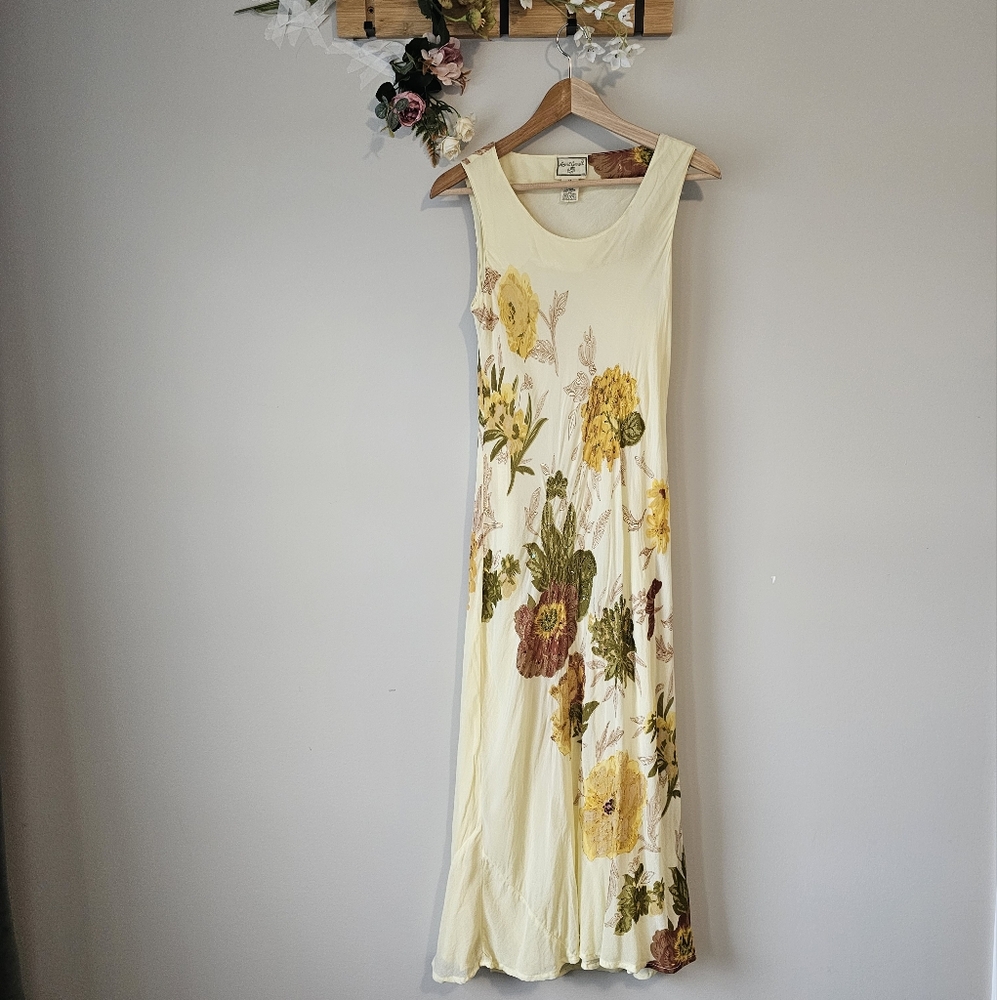 April Cornell Yellow Autumn Floral Rustic Romantic Beaded Midi Dress Size M
